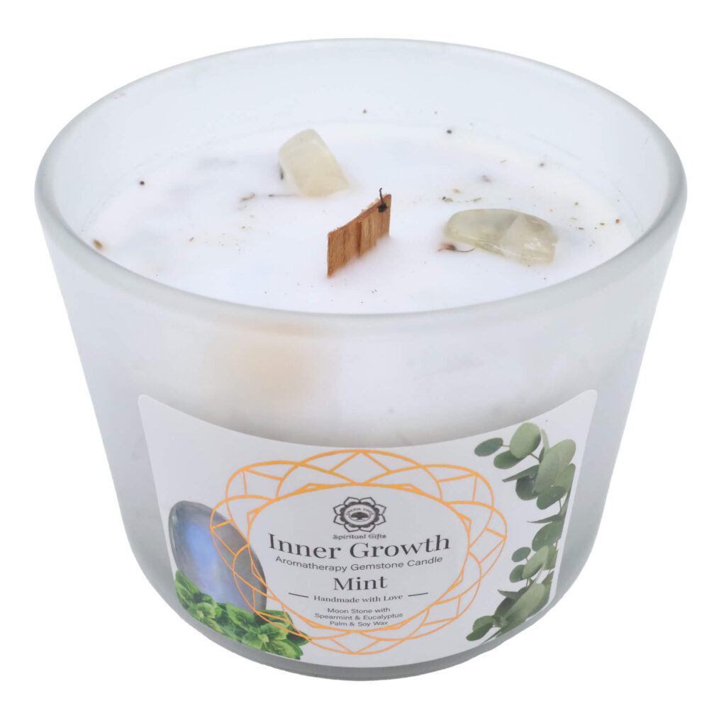Bougie Green Tree &lsquo;Croissance intérieure&rsquo; Pierre de Lune + Menthe 256g