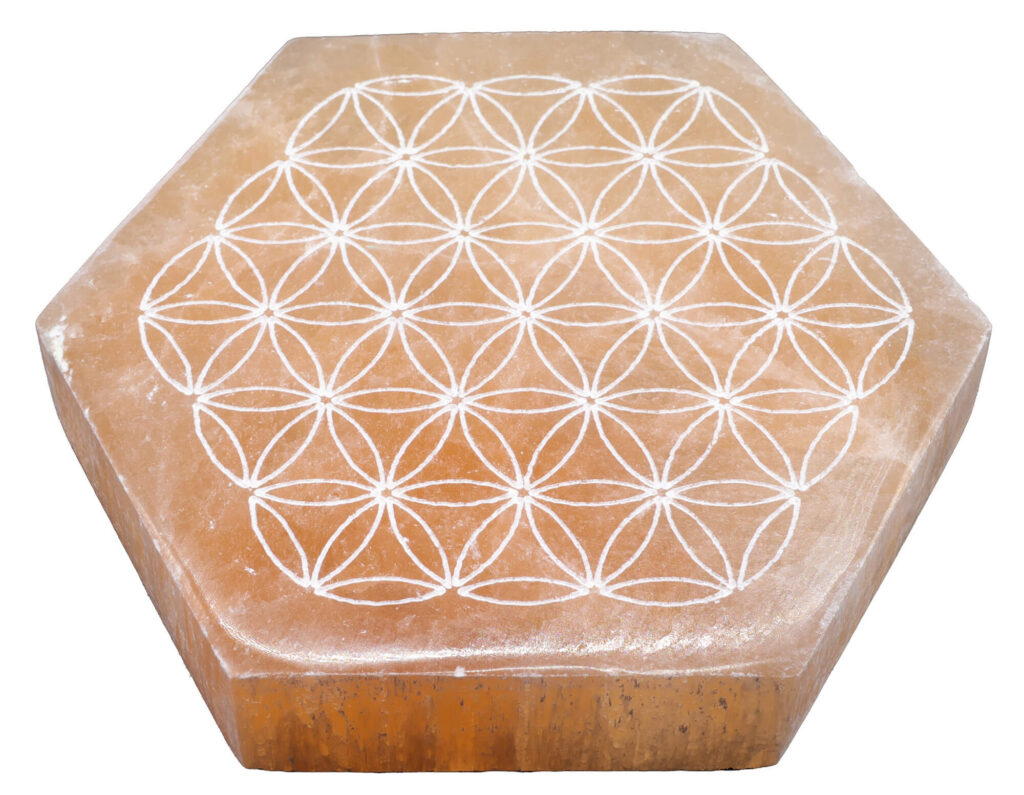 Plaque Selenite Orange Fleur de Vie Hexa 10cm