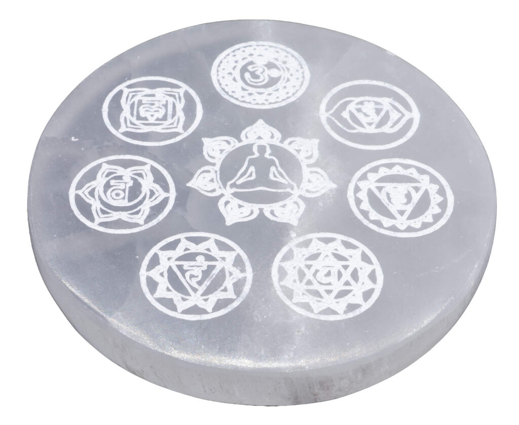 Plaque Selenite Bouddha 7 Chakras 10cm