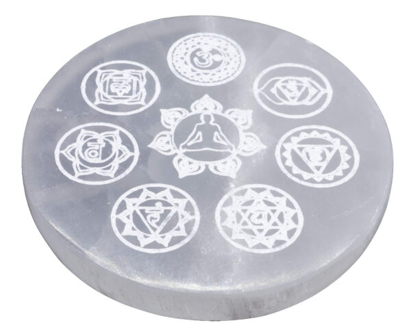 Plaque Selenite Bouddha 7 Chakras 10cm